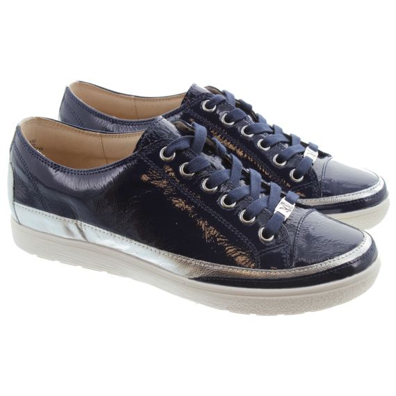 CAPRICE Ladies 23654 Lace Trainers In Navy Patent