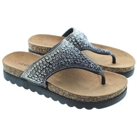 HEAVENLY FEET Ladies Hart Glitter Toepost Sandals in Black