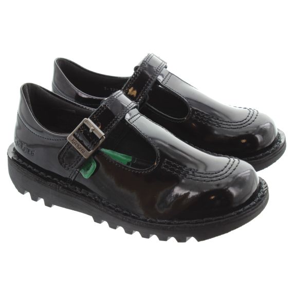 KICKERS Kids Kick T Bar Velcro Shoes In Black Patent