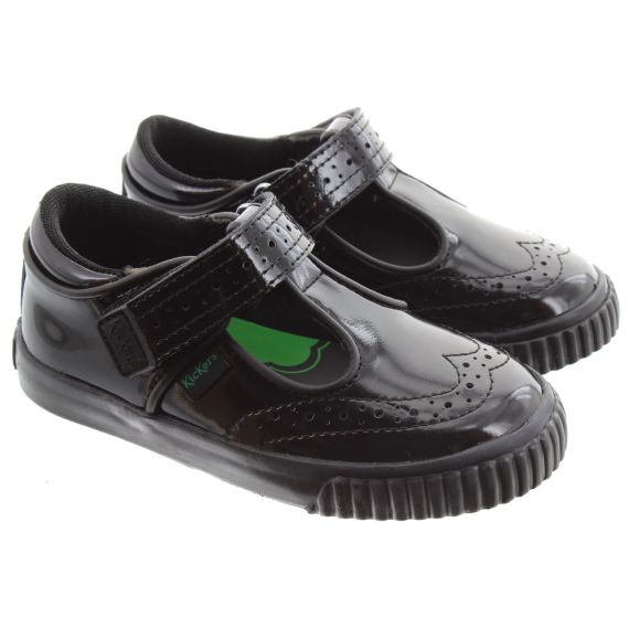 KICKERS Kids School Tovni Brogue T-Bar Shoes In Black Patent 