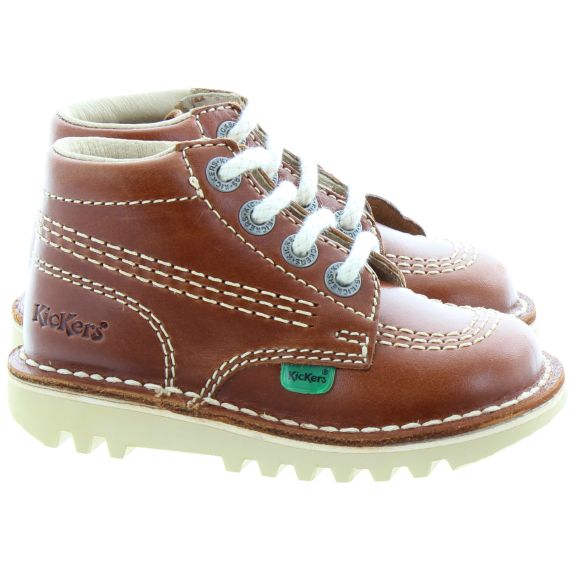 KICKERS Youths Leather Kick Hi Boots In Dark Tan