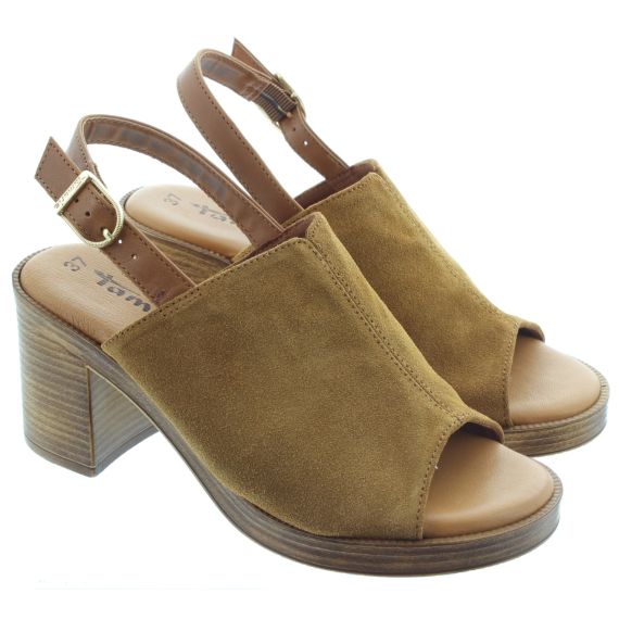 TAMARIS Ladies 28304 Suede Heel Sandals In Cognac